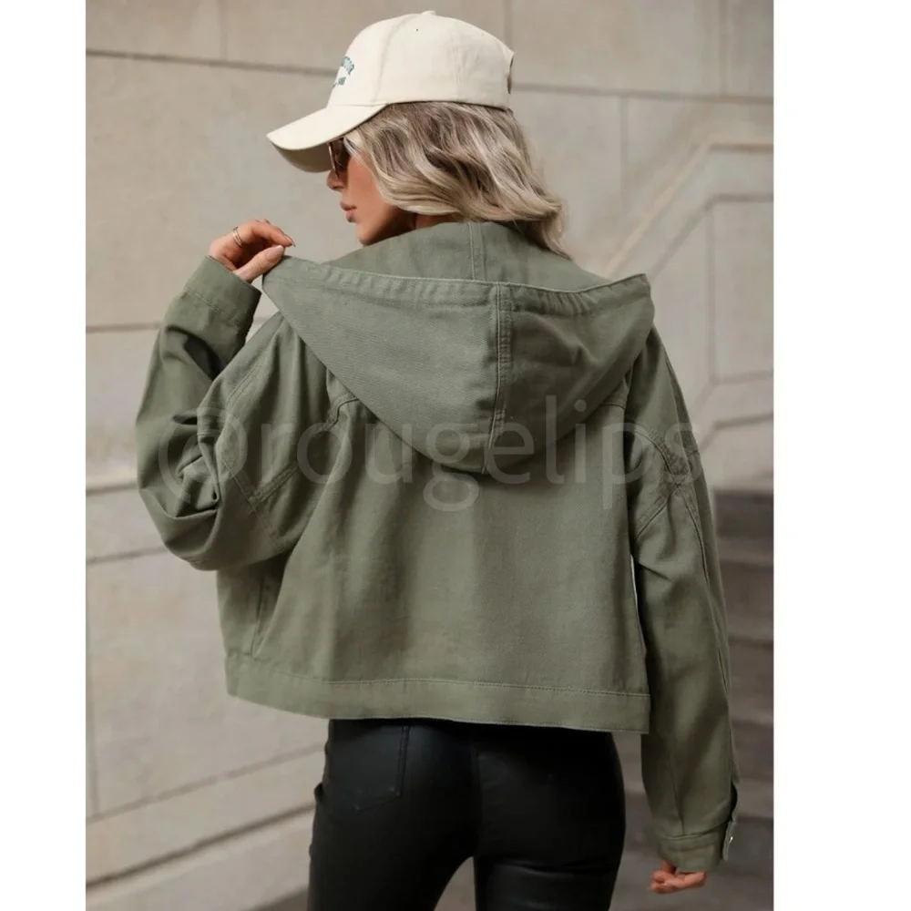 Boxy, Oversized Hooded Army Green Jean Jacket Fap Pockets Long Sleeve - Picture 5 of 8